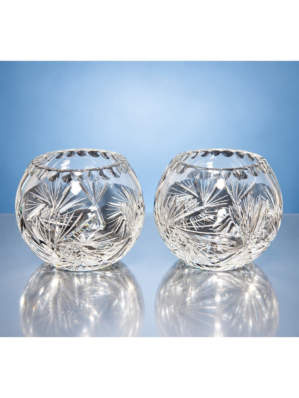 European Vintage 1970s Set Of 2 Crystal Rose Bowls Pinwheel Cut, 3.75x5"
